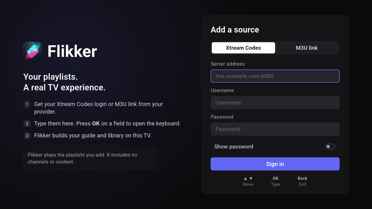 The TV sign-in screen with fields for server address, username and password.