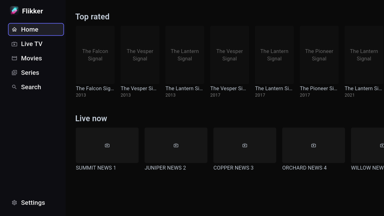 TV home screen with the menu open and rows of titles.