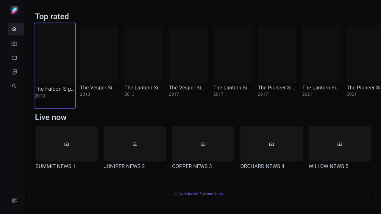 The TV home screen with rows of titles and a Pick one for me button.